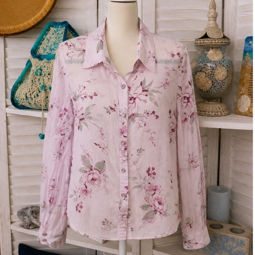 Fang Pink Floral Button Down Blouse Size XL Cotton Boho Cottagecore Top